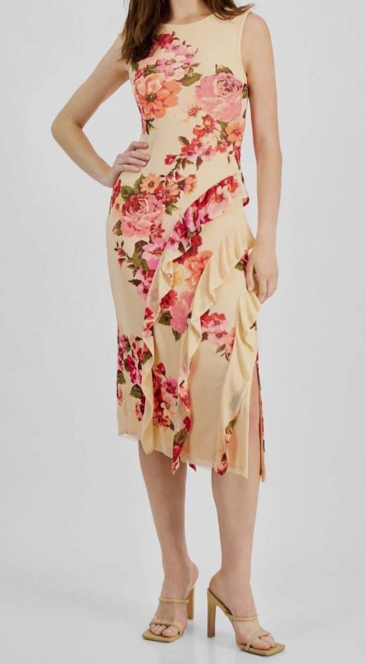 Tinsel Floral Print Asymmetric Ruffle Midi Dress